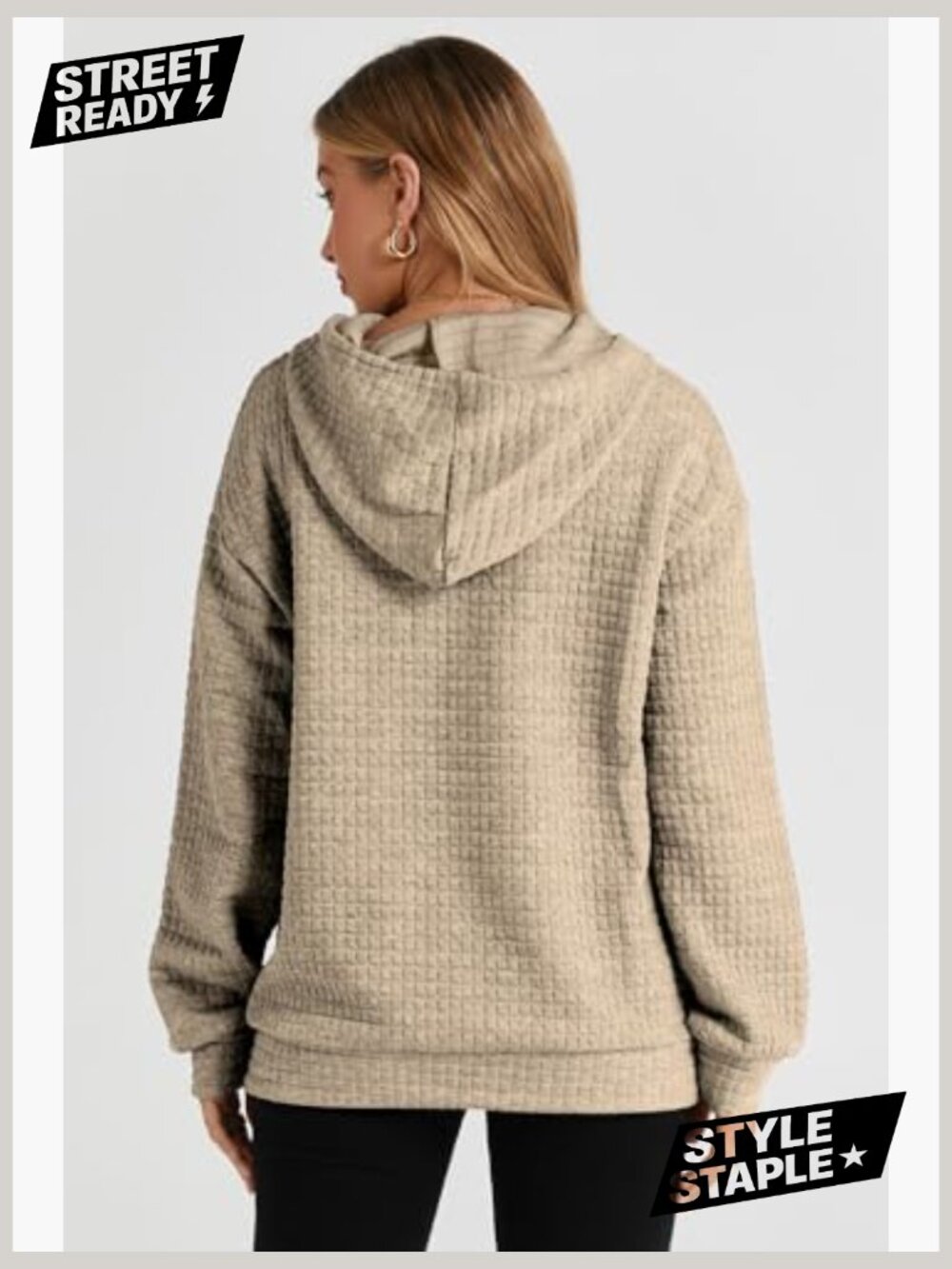 Womens Oversized Hoodie Drawstring Waffle Pullover Sweatshirt with Pocket - Picture 6 of 7